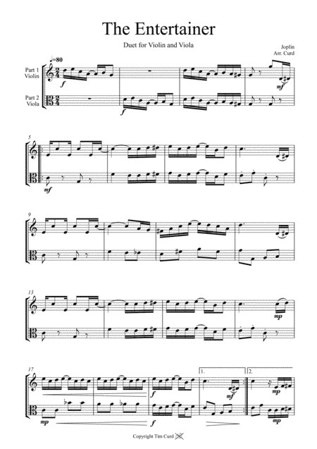 The Entertainer. Duet for Violin and Viola (arr. Tim Curd)