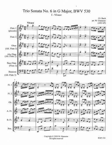 Bach - Trio Sonata No. 6 in G Major - Full Score - Flute1-2-3-AltoFl-Oboe-Bassoon (arr. W. Giannone)