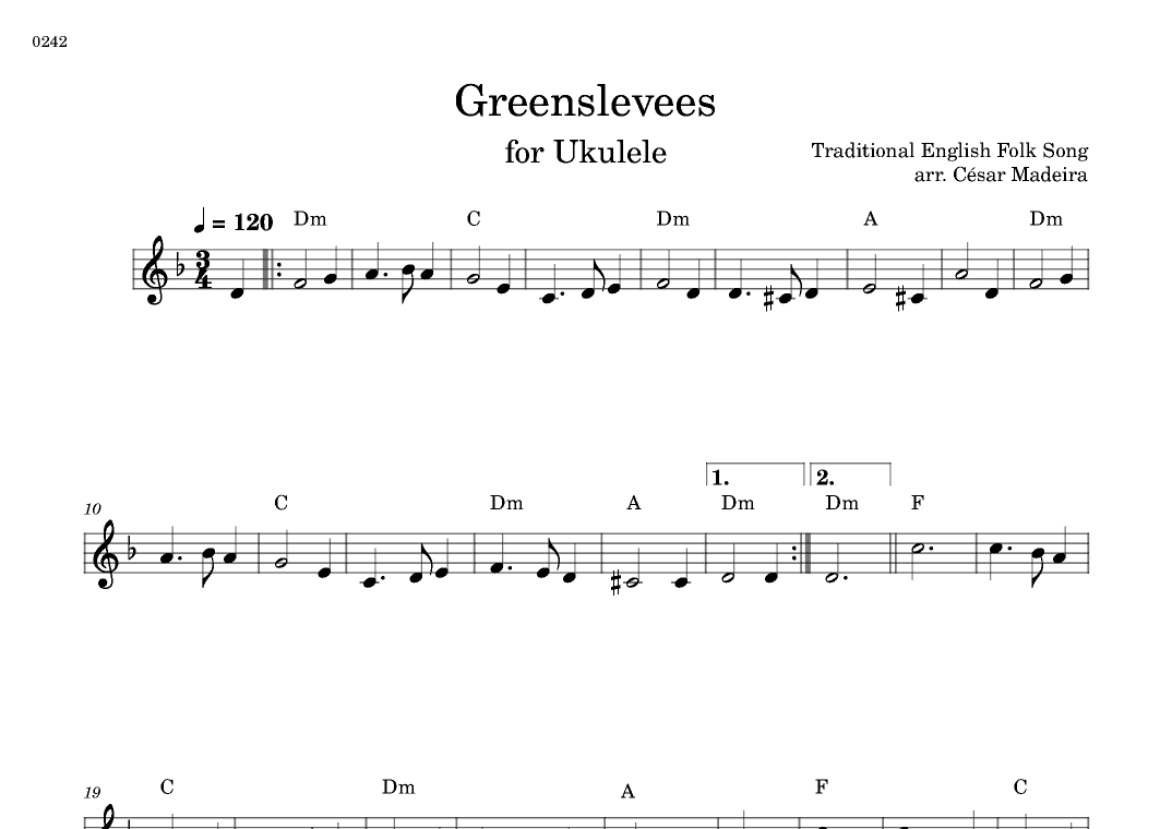 Greensleeves - Easy Ukulele - W/Chords (Full Score) (arr. César Madeira)