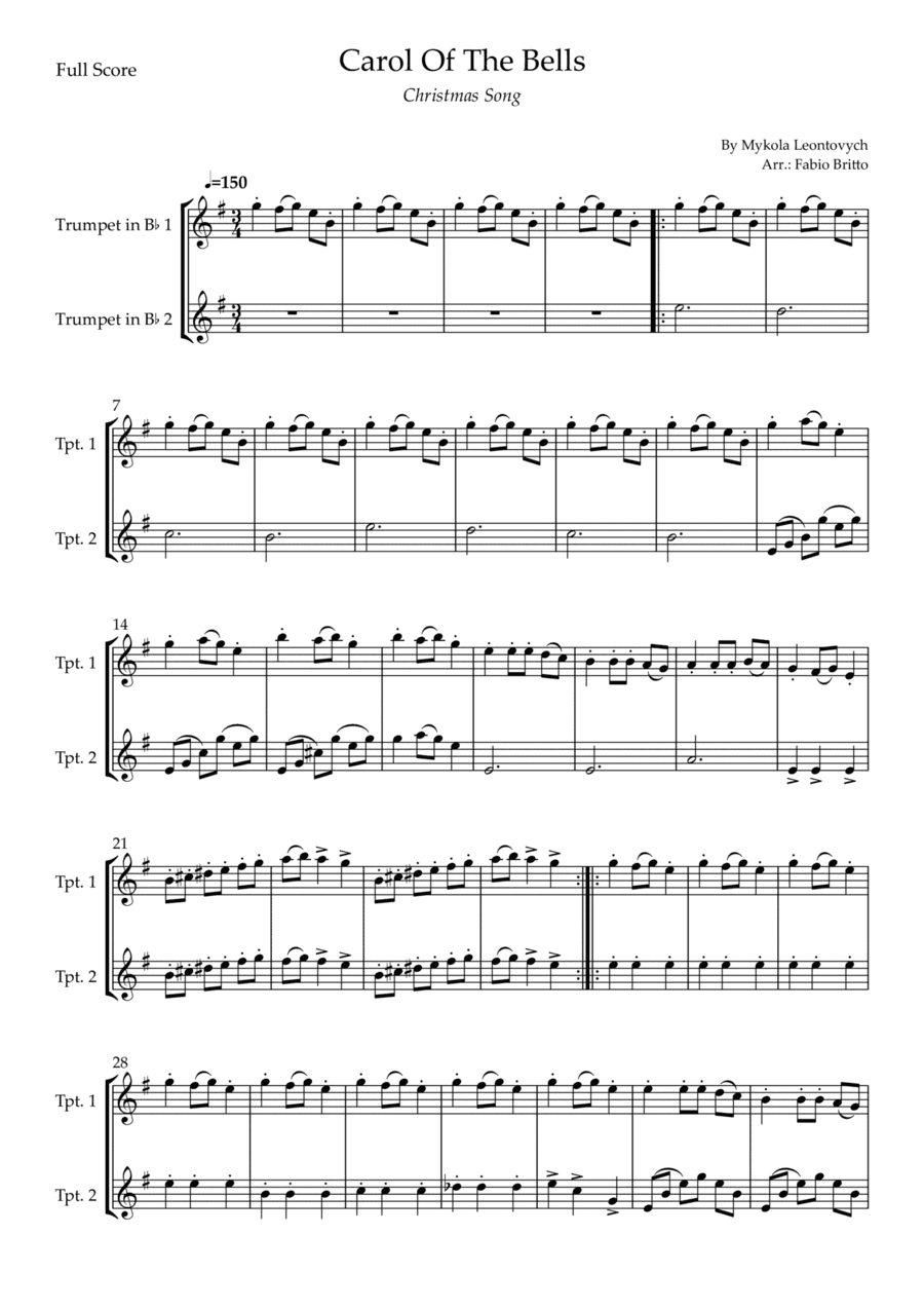 Carol Of The Bells (Christmas Song) for Trumpet in Bb Duo (D Minor) (arr. Fabio Britto)