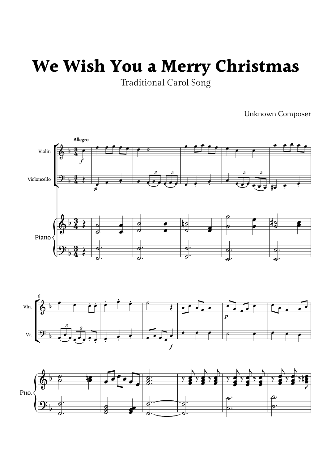 We Wish you a Merry Christmas for Violin and Cello Duet with Piano (arr. Rika K.)