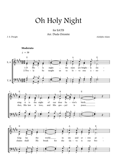 Oh Holy Night (E major - SATB - with chords - no piano - two staff) (arr. Duda Oriontte)