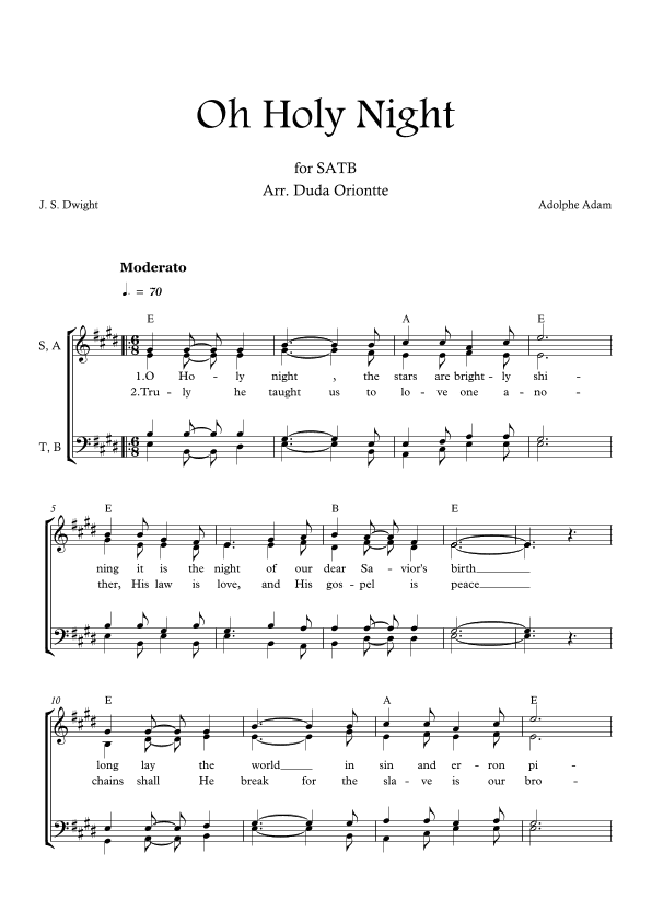 Oh Holy Night (E major - SATB - with chords - no piano - two staff) (arr. Duda Oriontte)