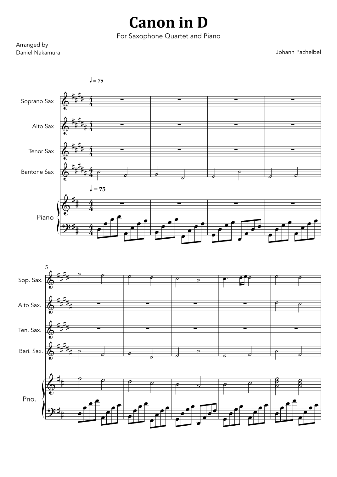 Canon In D (for Saxophone Quartet with Piano) (arr. Daniel Nakamura)