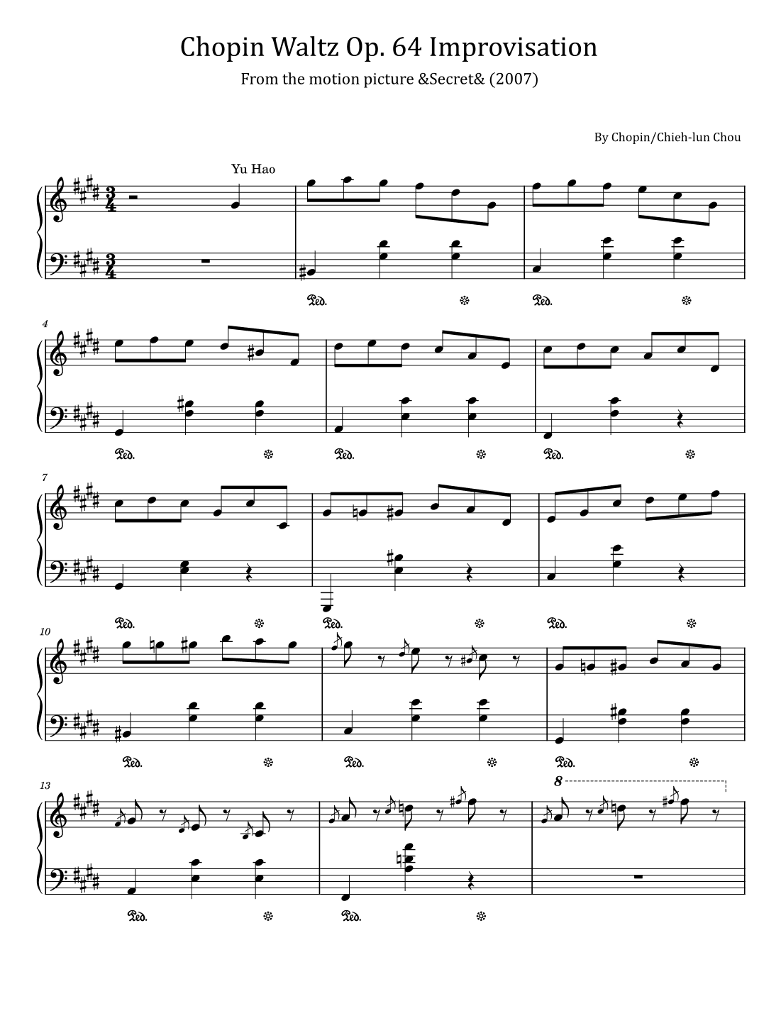 Chopin Waltz Op. 64 Improvisation - from Secret - Chopin/Jay Chou - For Piano Solo (arr. poon)