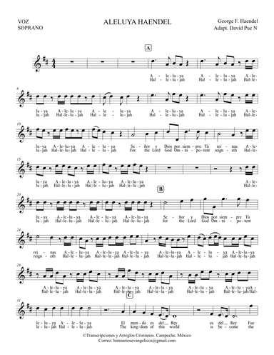 HALLELUJAH/ALELUYA George F Haendel SET OF PARTS (arr. David Puc N)