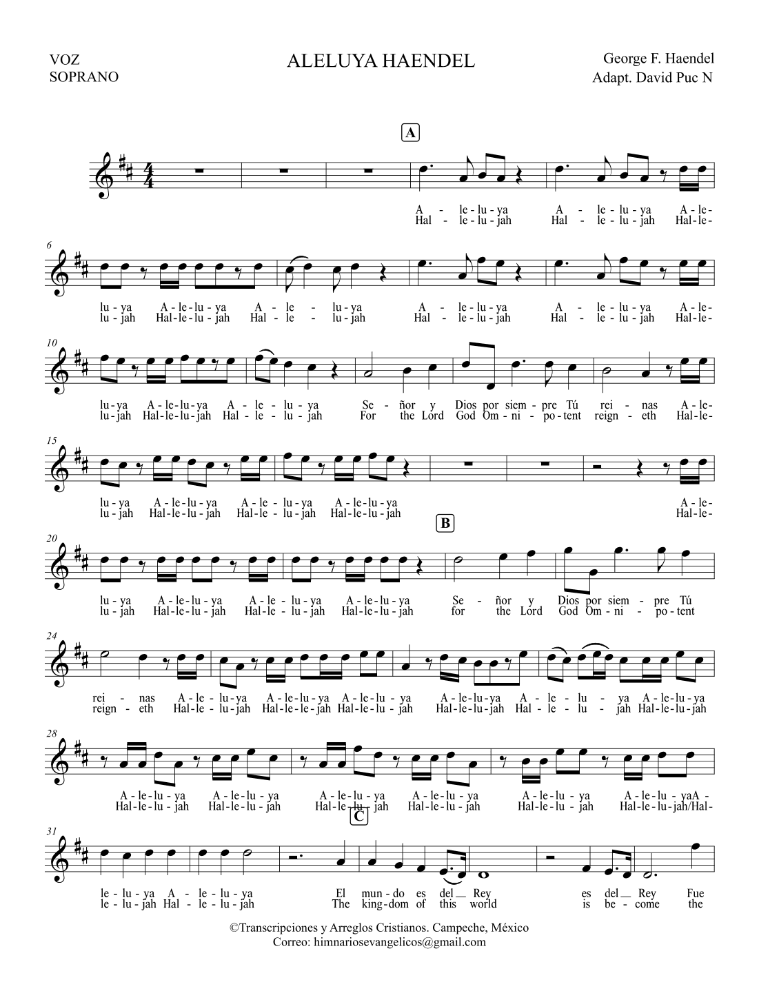 HALLELUJAH/ALELUYA George F Haendel SET OF PARTS (arr. David Puc N)