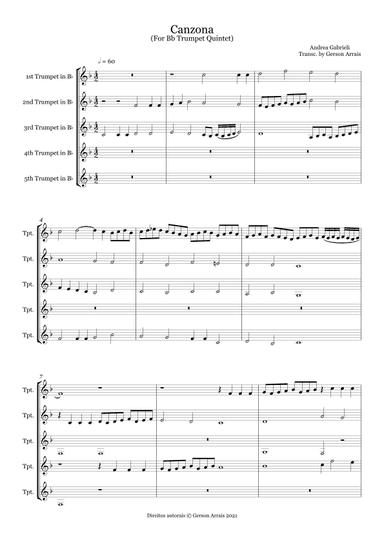Canzona - Andrea Gabrieli - for Bb Trumpet Quintet - Score and Parts (arr. Gerson Arrais)