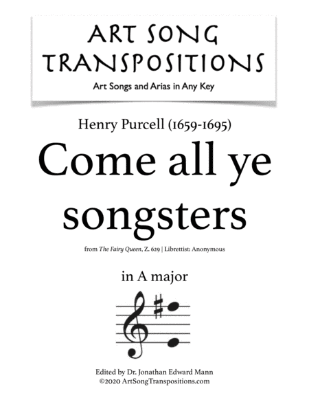 PURCELL: Come all ye songsters (transposed to A major) (arr. ArtSongTranspositions.com)