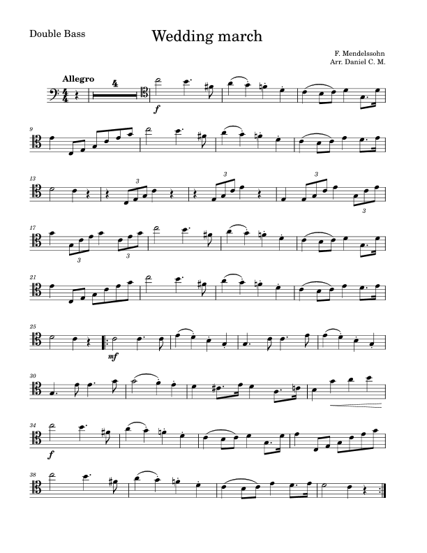 Wedding march by Mendelssohn for double bass (easy) (arr. Daniel C. M.)