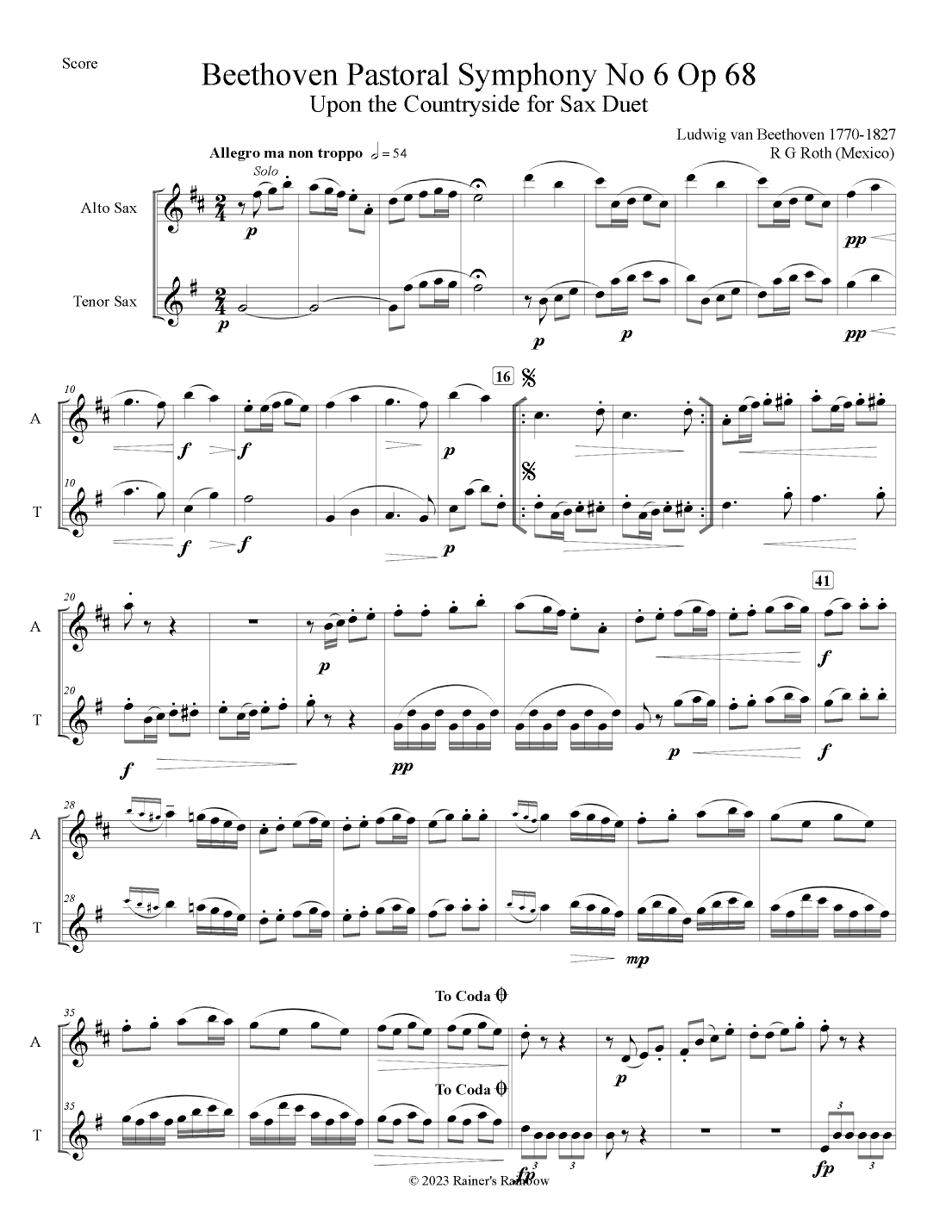 Beethoven Pastoral Symphony No 6 The Countryside Alto & Tenor Sax Duet (arr. R G Roth)