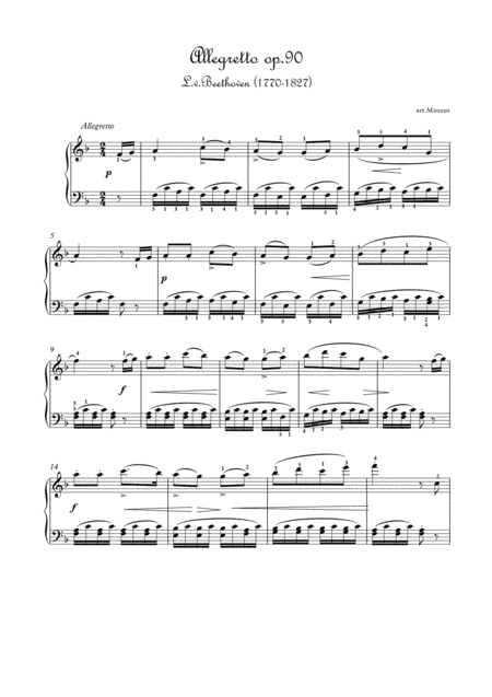 Allegretto op90 by Beethoven for easy piano (arr. PianoSheetNow)