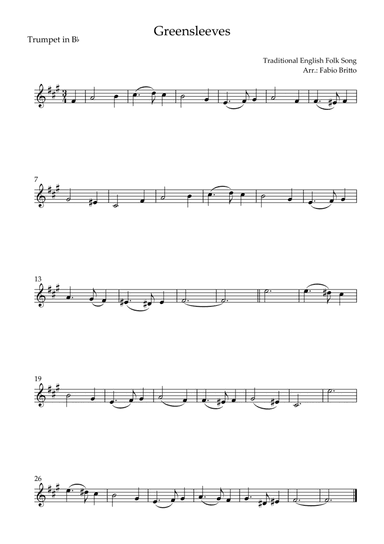 Greensleeves for Trumpet in Bb Solo (E Minor) (arr. Fabio Britto)