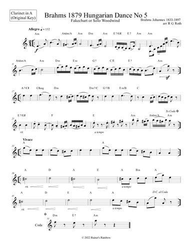 Brahms Hungarian Dance No 5 Clarinet Fakechart (arr. R G Roth)