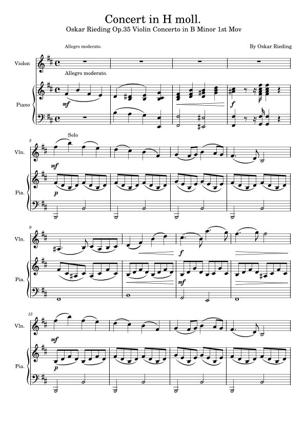 Concert in H moll,Oskar Rieding Op.35 Violin Concerto in B Minor 1st Mov,With Piano Accompaniment (arr. poon)