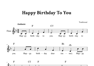 Happy Birthday To You - For Flute (F Major - with Chords and Lyrics) (arr. Yuri Noronha)