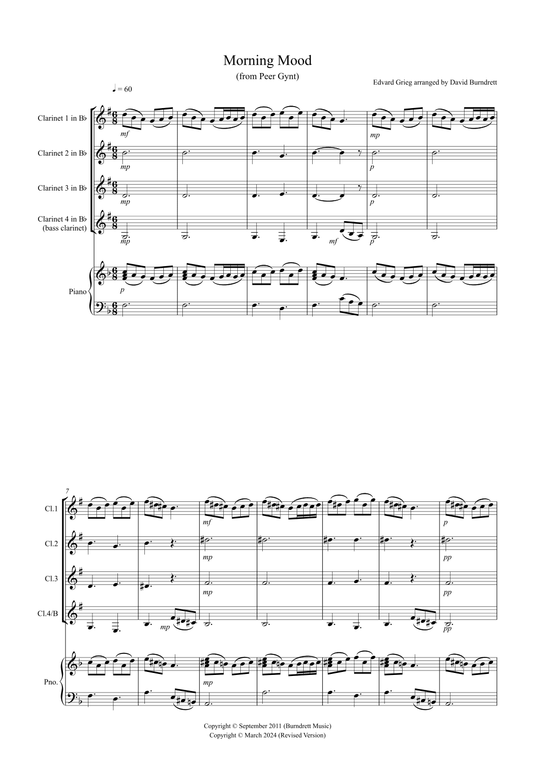 Morning Mood (from Peer Gynt) for Clarinet Quartet (arr. David Burndrett)