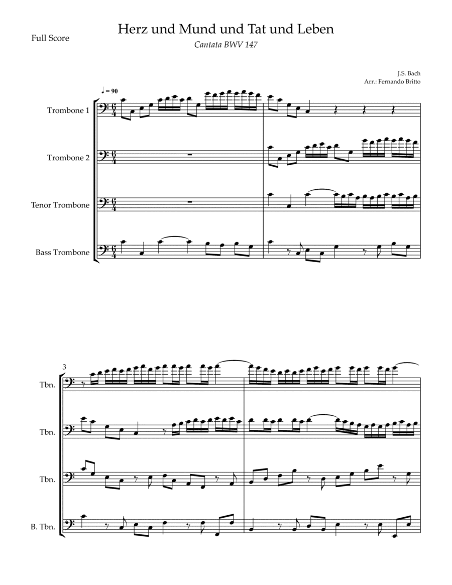 Cantata Herz und Mund und Tat und Leben (J.S. Bach BWV 147) for Trombone Quartet (arr. Fernando Britto)