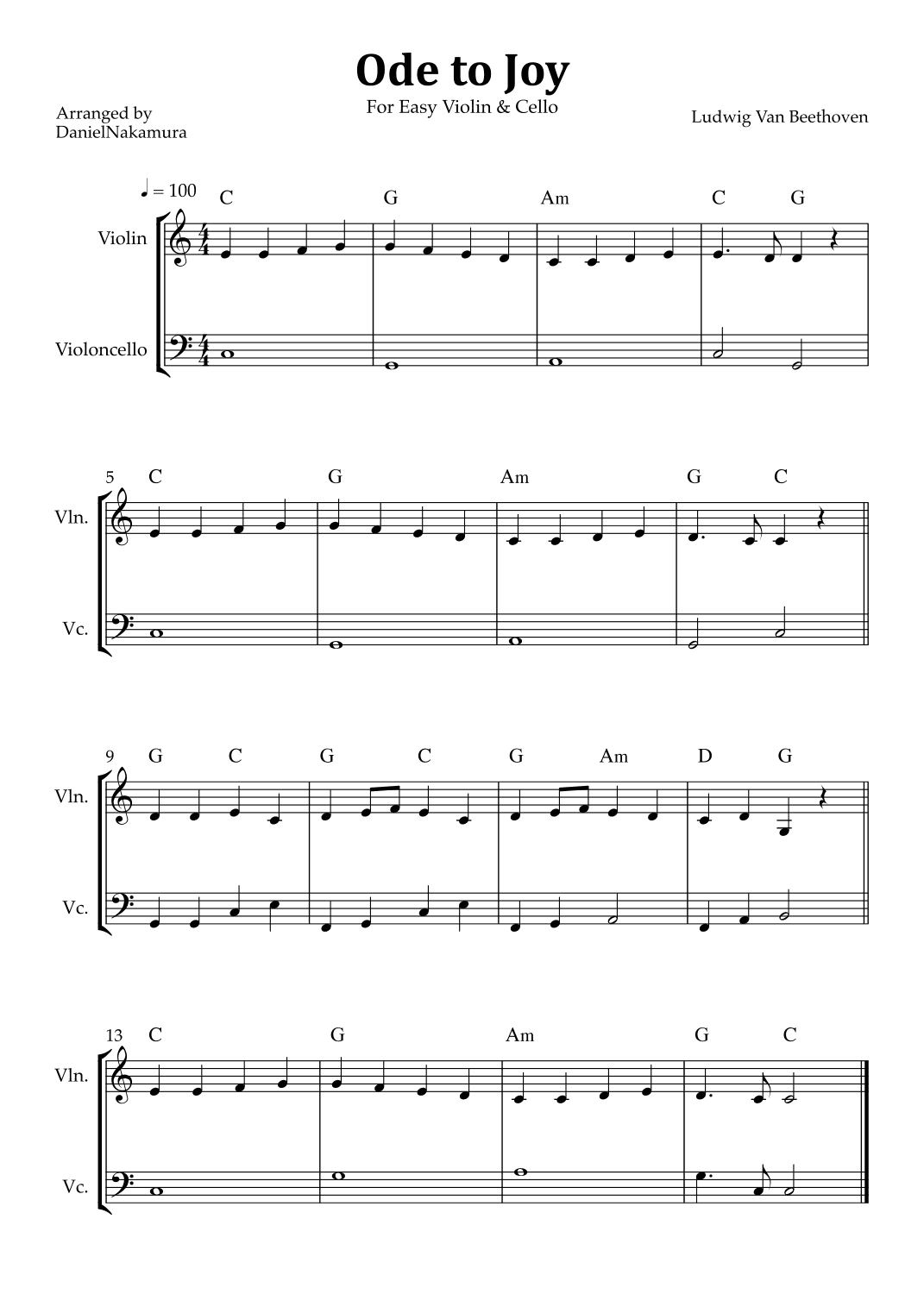 Ode to Joy (Easy Violin and Cello) (arr. Daniel Nakamura)
