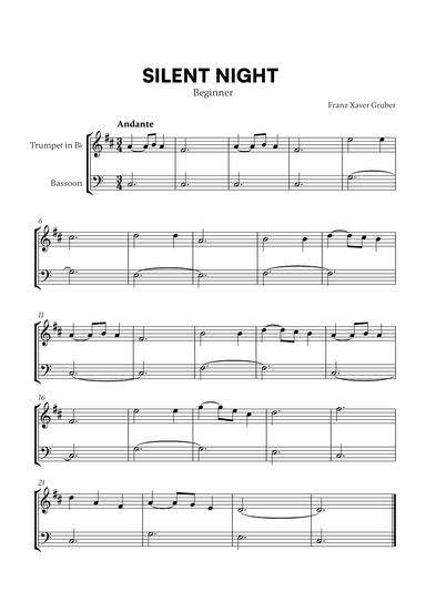 Silent Night (Beginner) (for Trumpet in Bb and Bassoon) (arr. Cadenza Editions)