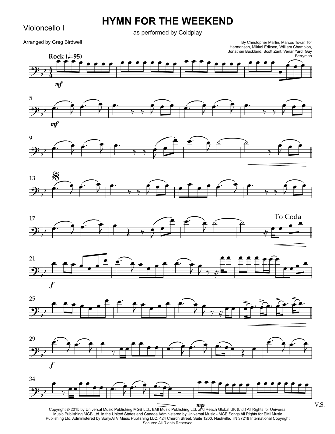 Hymn For The Weekend (arr. Greg Birdwell)