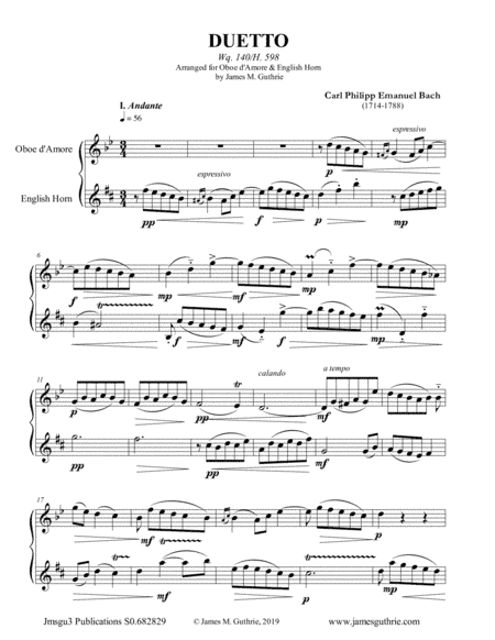 CPE Bach: Duetto Wq. 140 for Oboe d'Amore & English Horn (arr. James M. Guthrie, ASCAP)