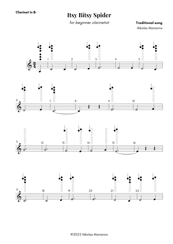 Itsy Bitsy Spider for beginner clarinetist with finger chart (arr. Nikolas Marianno)