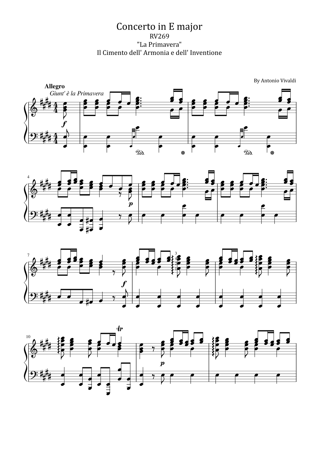 Vivaldi - Violin Concerto in E major, Op. 8, No. 1, RV.269 Spring For Solo Piano Compelet (arr. poon)
