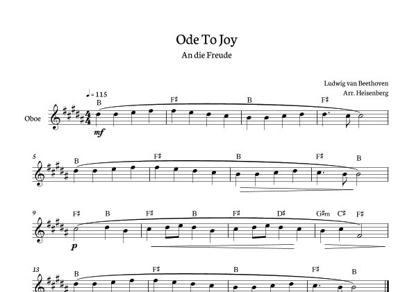 Beethoven - Ode To Joy for oboe in B with chords (arr. Heisenberg)