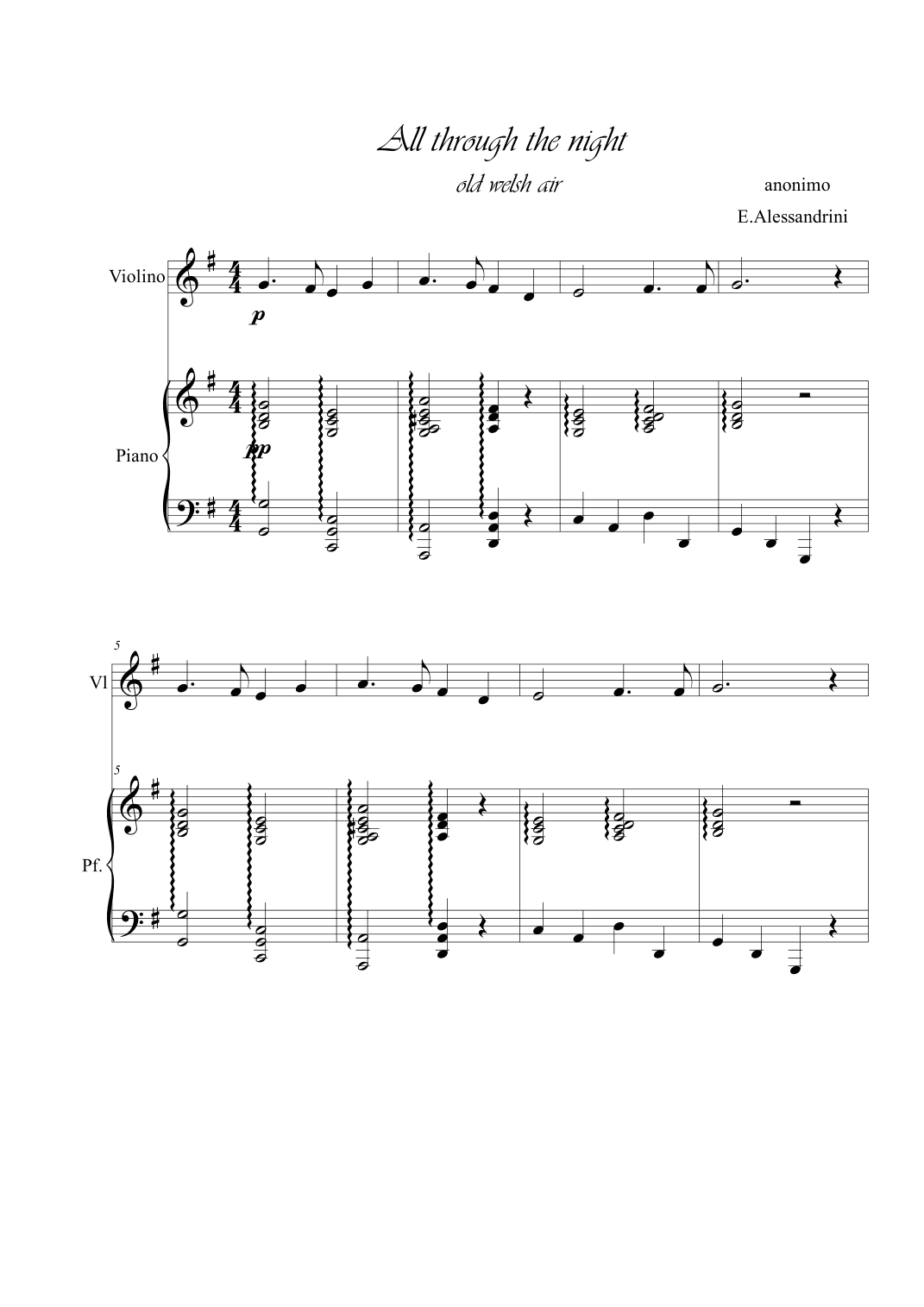 All through the night. Violin and piano (arr. Ester Alessandrini)