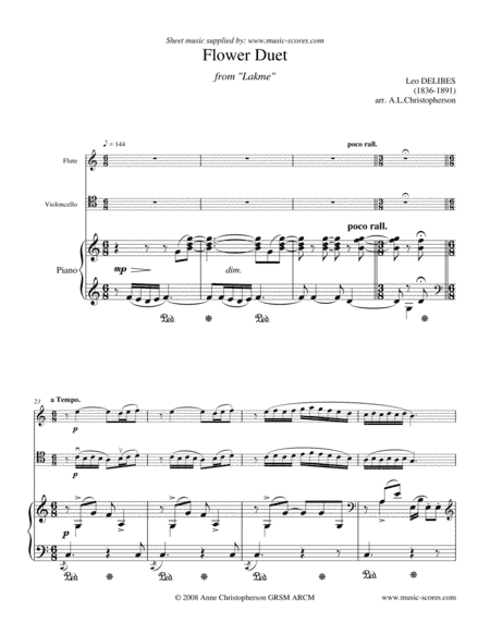Flower Duet from Lakme - Flute, Cello and Piano (arr. Anne L Christopherson GRSM ARCM)