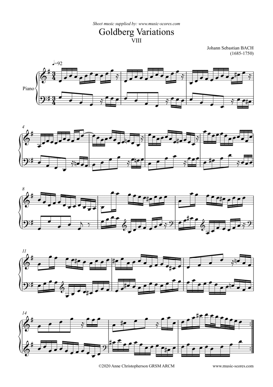 8th Variation from Goldberg Variations - with written out ornamentation - Piano (arr. Anne L Christopherson GRSM ARCM)
