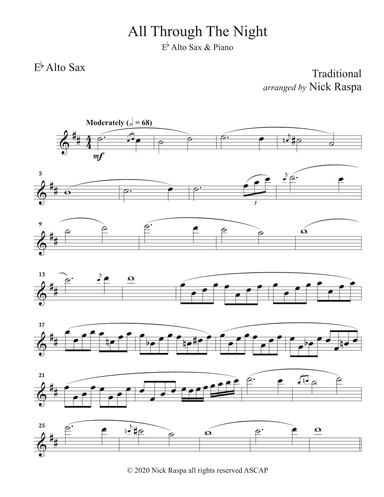 All Through The Night (Alto Sax & Piano) intermediate jazz - Alto Sax part (arr. Nick Raspa)