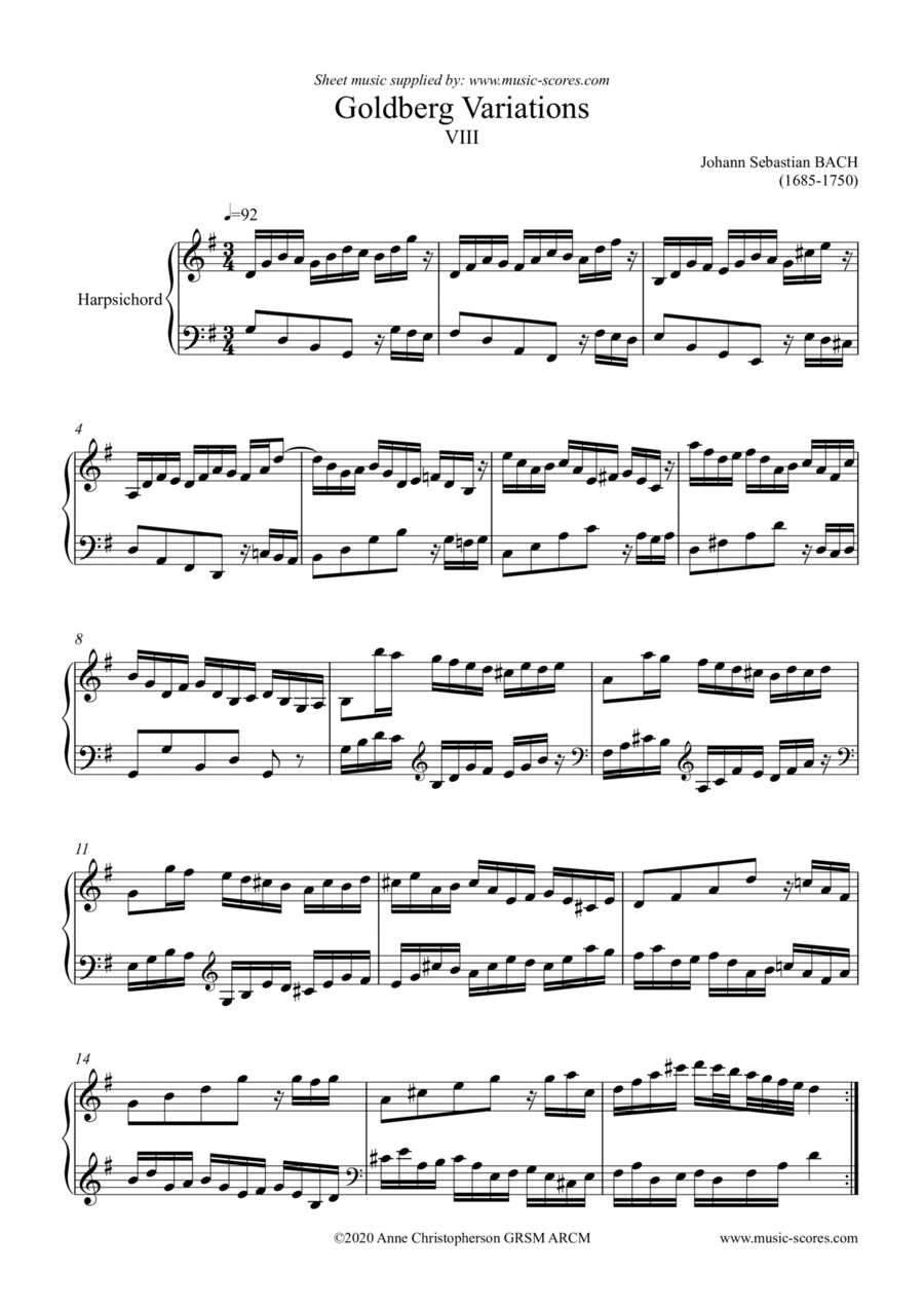 8th Variation from Goldberg Variations - with written out ornamentation - Harpsichord (arr. Anne L Christopherson GRSM ARCM)