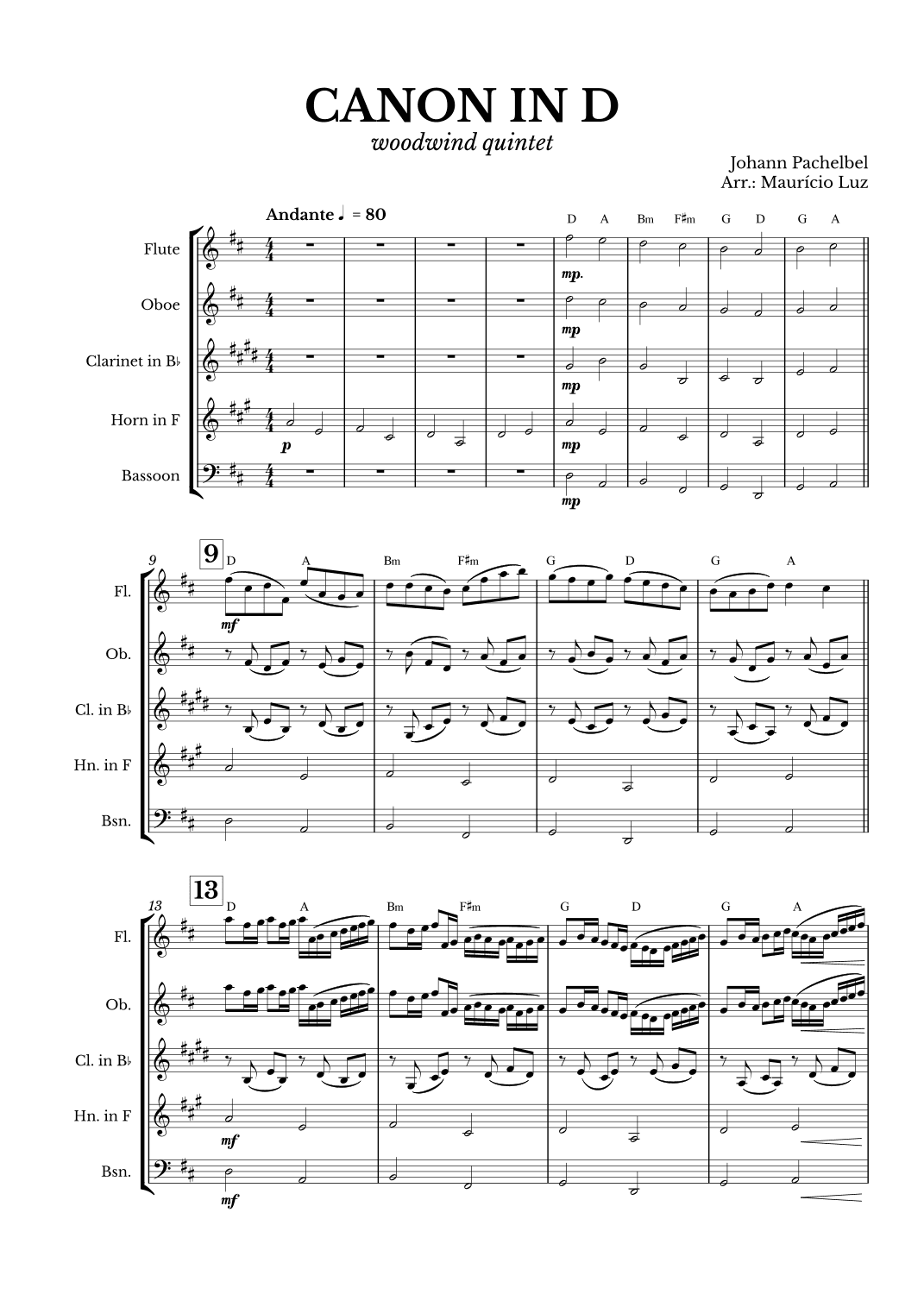 Canon in D for Woodwind Quintet with chords (arr. Maurício Luz)