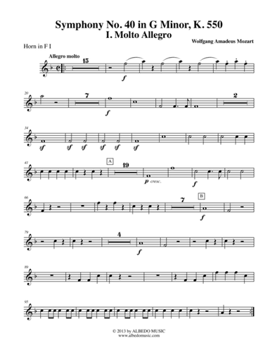 Mozart Symphony No. 40, Movement I - Horn in F 1 (Transposed Part), K. 550 (arr. Doug Clyde)
