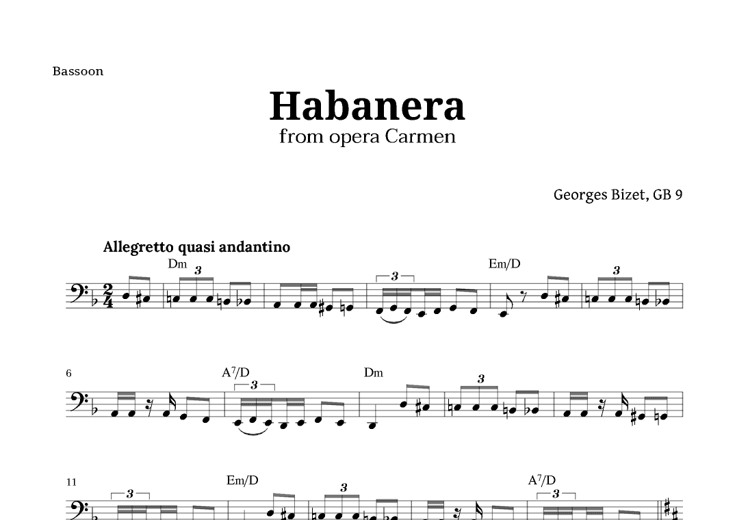 Habanera from Carmen by Bizet for Bassoon with Chords (arr. Langanho)