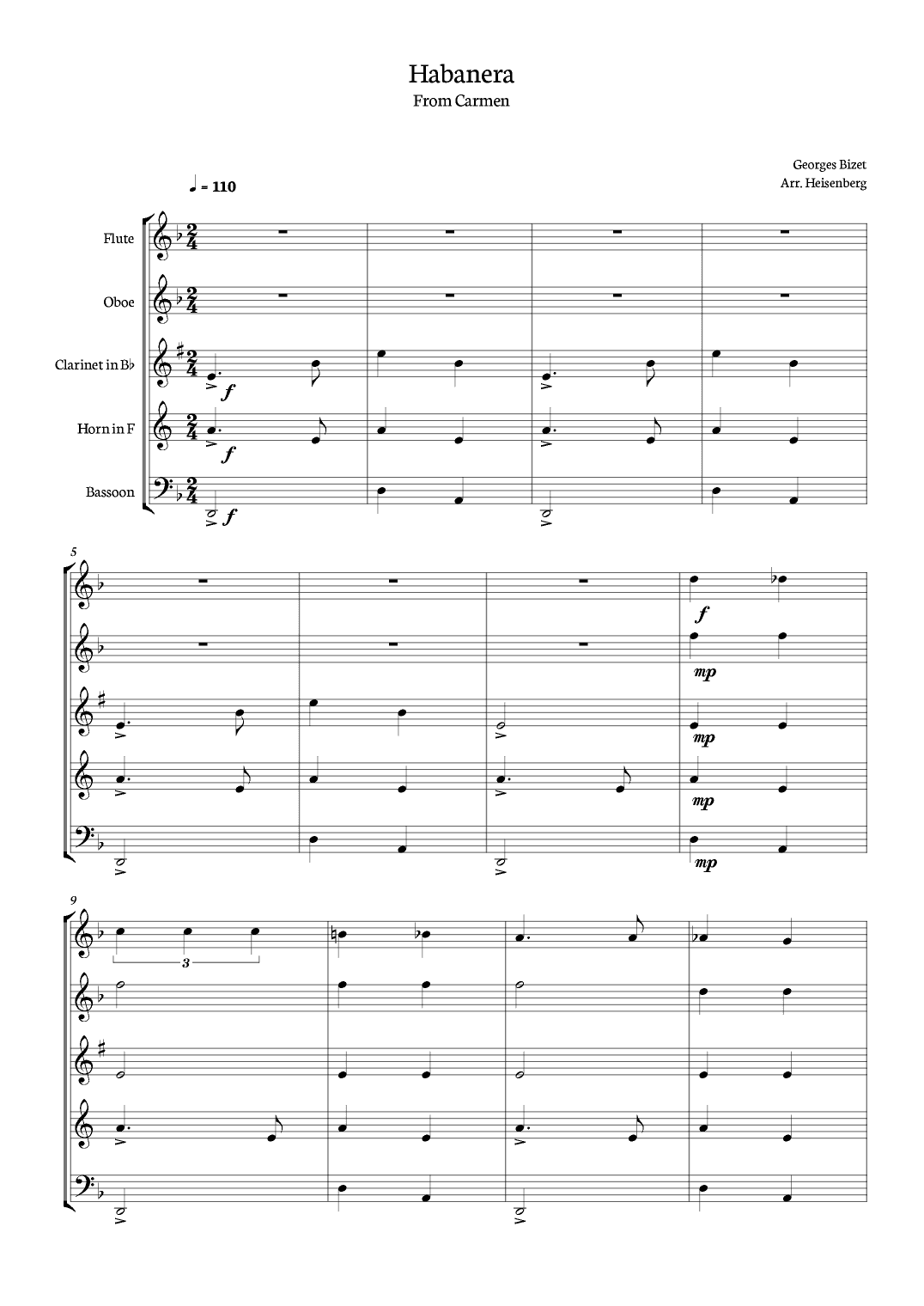 Habanera - Carmen - Georges Bizet, for Woodwind Quintet in a easy version. Score and Parts included. (arr. Heisenberg)