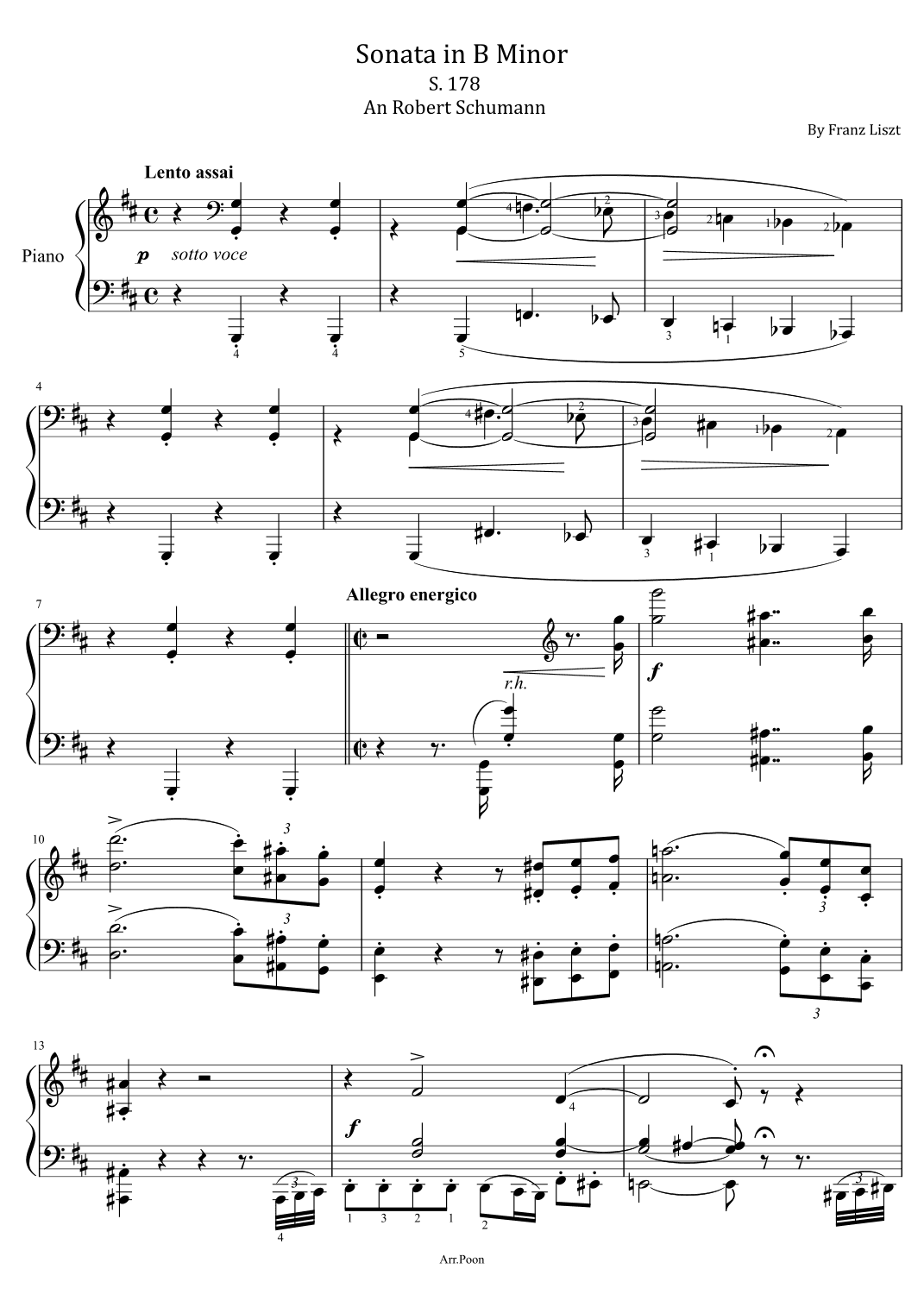 Liszt - Sonata in B Minor - S.178 An Robert Schumann - For Piano Solo Original With Fingered (arr. poon)