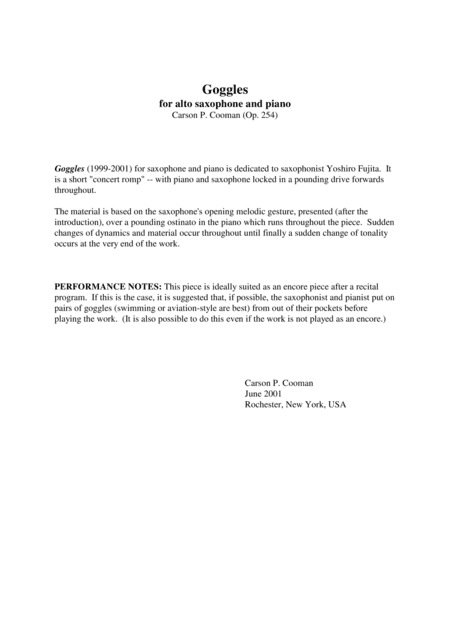 Carson Cooman: Goggles (1999-2001) for saxophone and piano