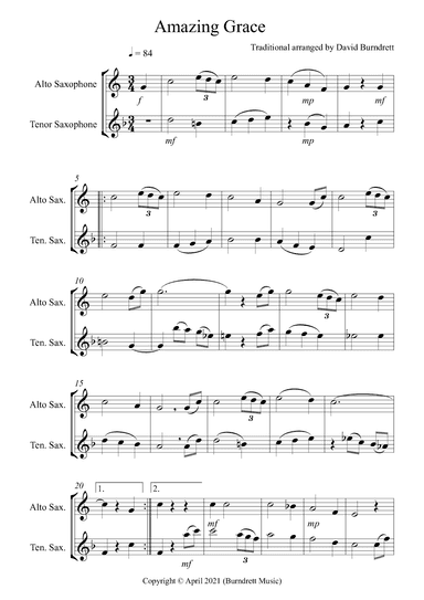 Amazing Grace for Alto and Tenor Saxophone Duet (arr. David Burndrett)