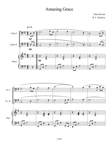 Amazing Grace (Cello Duet with Piano Accompaniment) (arr. B. C. Dockery)
