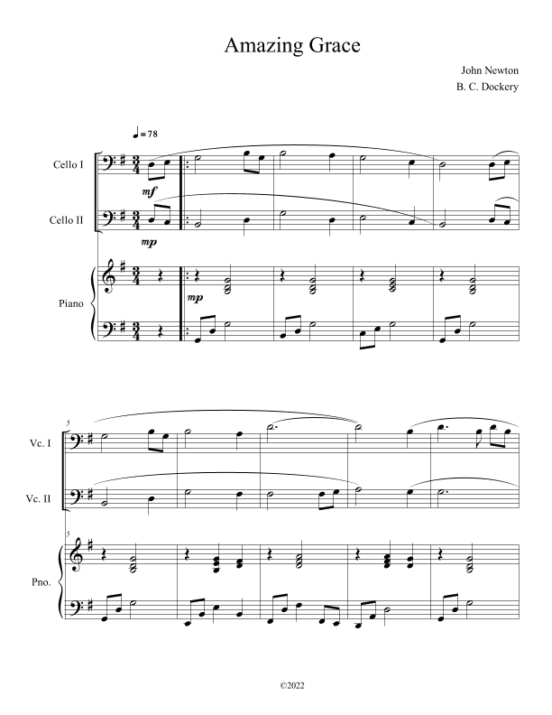 Amazing Grace (Cello Duet with Piano Accompaniment) (arr. B. C. Dockery)