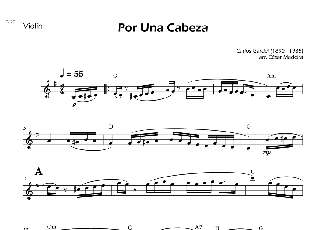 Por Una Cabeza - Violin Solo - W/Chords (arr. César Madeira)
