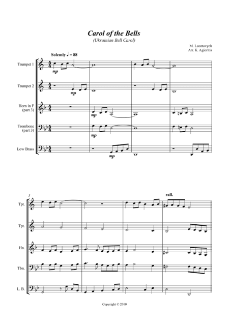 Carol of the Bells (Ukrainian Bell Carol) - Jazz Arrangement for Brass Quartet (arr. K. Agioritis)