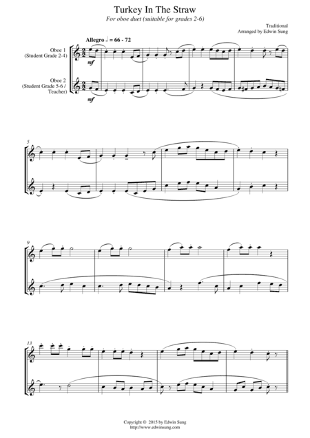 Turkey In The Straw (for oboe duet, suitable for grades 2-6) (arr. Edwin Sung)