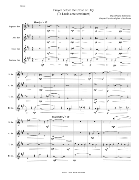 Prayer before the Close of day - based on the chant "Te Lucis ante terminum" - for saxophone quartet