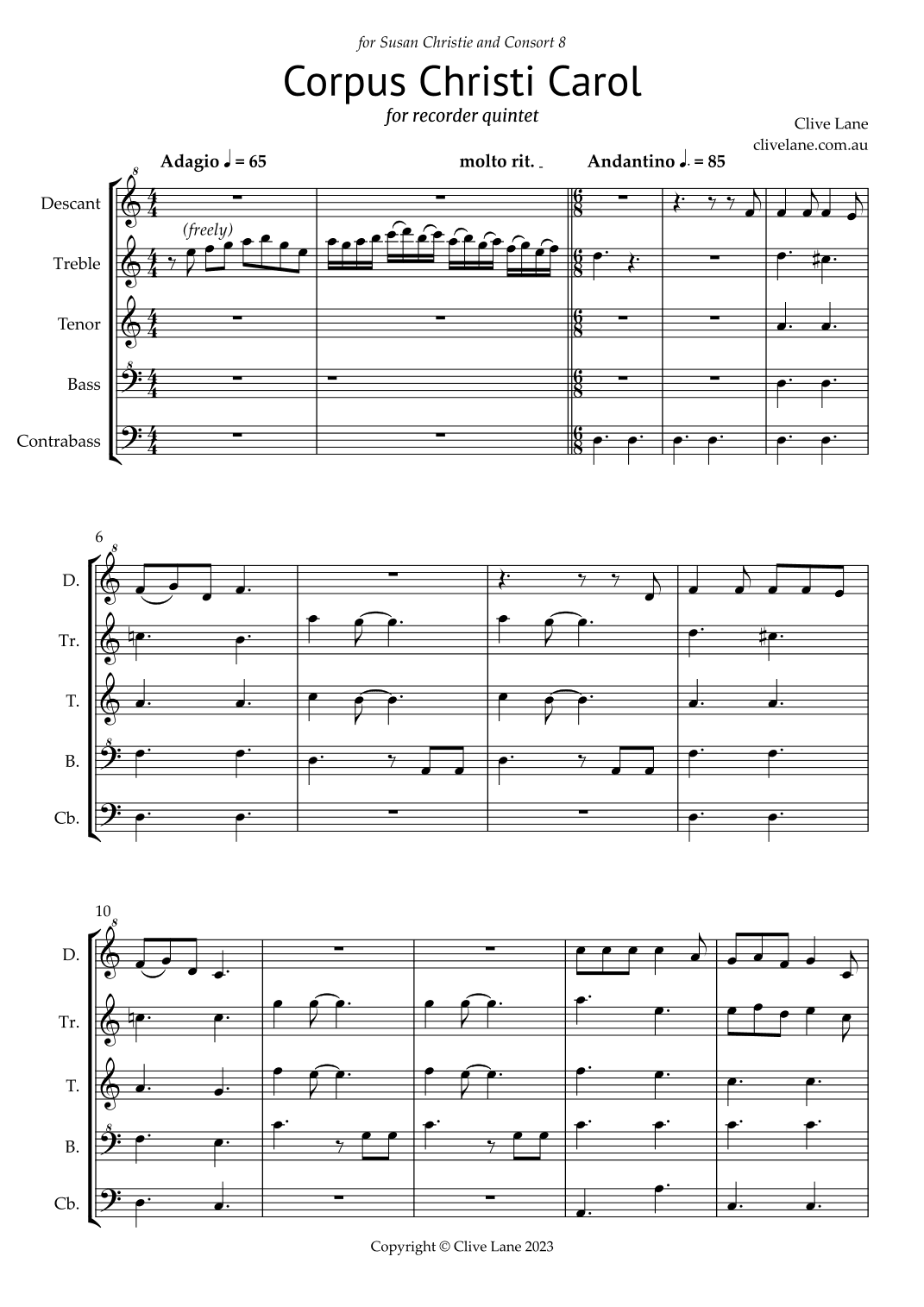 Corpus Christi Carol for recorder quintet (arr. Clive Lane)