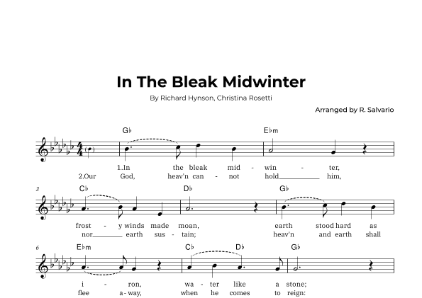 In The Bleak Midwinter (Key of G-Flat Major) (arr. R. Salvario)