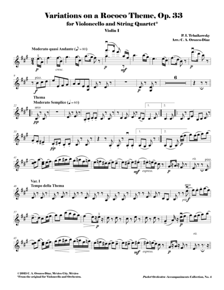 Tchaikowsky - Rococo Variations, Op. 33 ( Accompaniment Reduction for String Quartet) PARTS (arr. C. A. Orozco-Diaz)